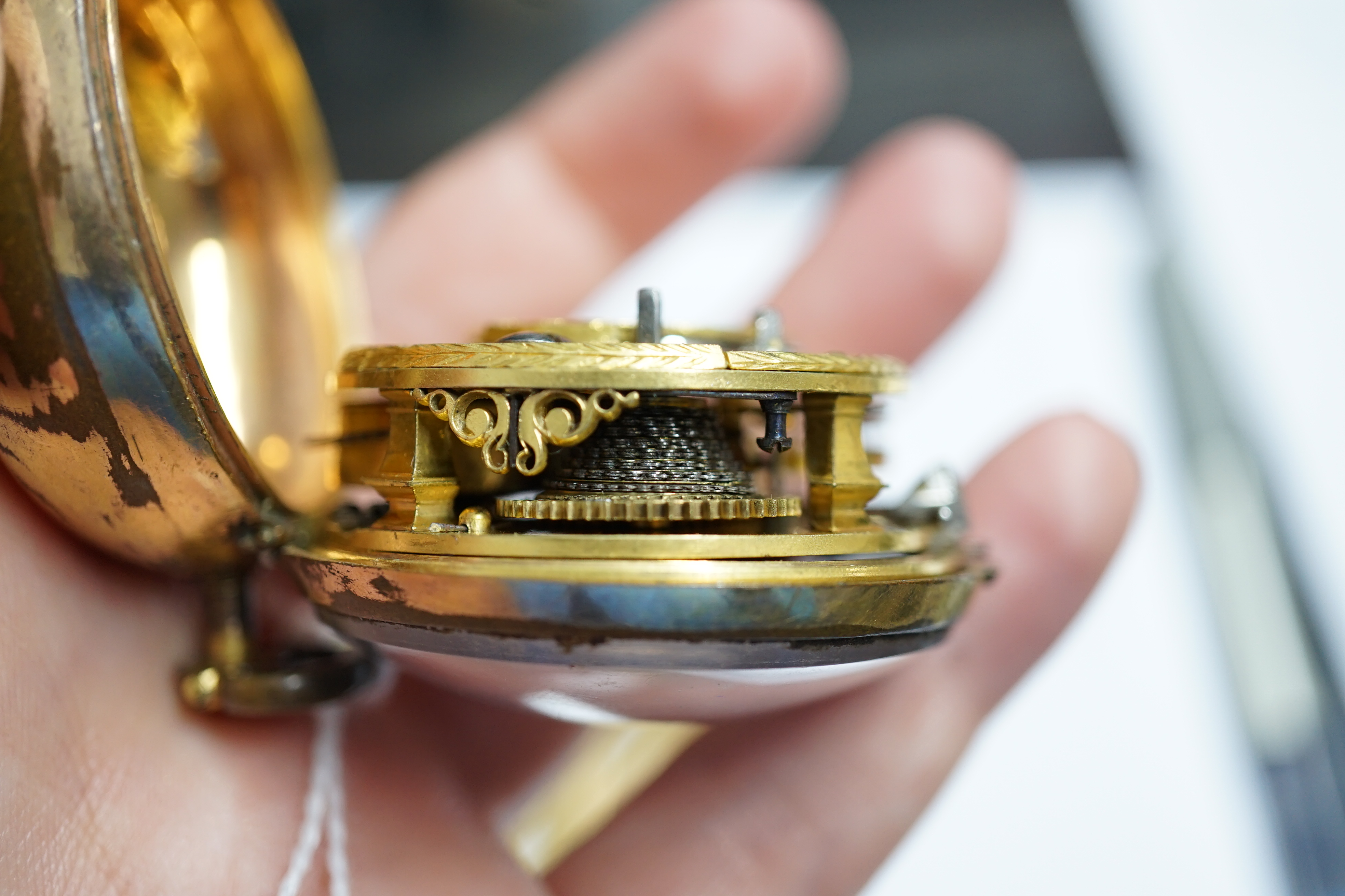 A George III pair cased gold plated pocket watch, with a green stained tortoiseshell outer case, by William Hope, London